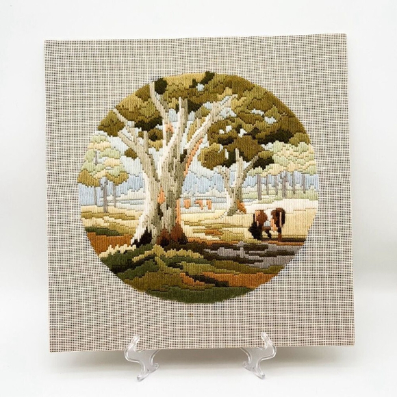 Vintage Long Stitch Embroidery Artwork Fiber Arts Square Handmade Home Decor - Picture 3 of 10